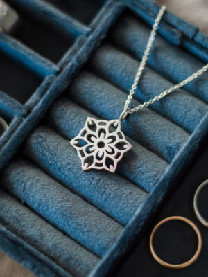 Kuvioitu hopeinen riipus